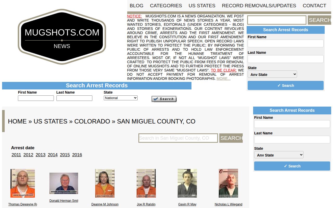 Stale unofficial San Miguel County mugshot archive with records from 2011 through 2016