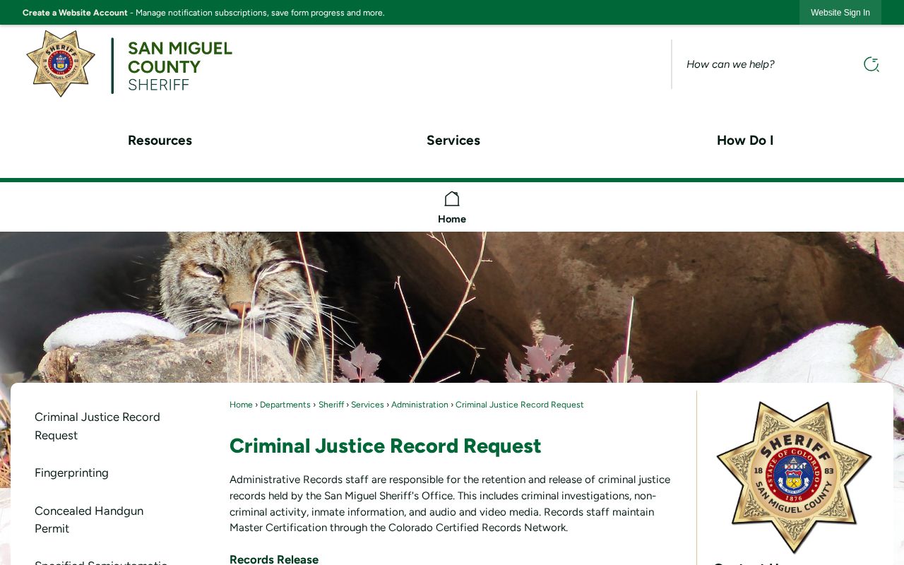 San Miguel County booking record and mugshot request page